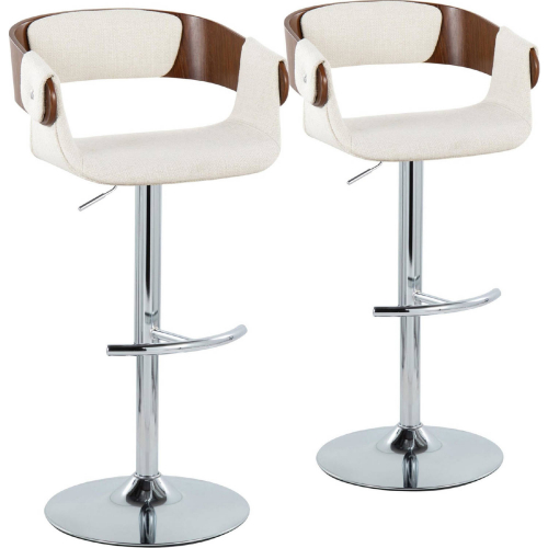 Elisa Adjustable Swivel Bar Stool in Chrome, Walnut Wood & Cream Fabric (Set of 2)